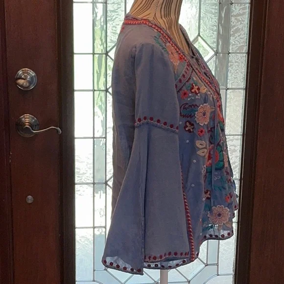 Johnny Was Oman Laceup Swing Blouse Embroidered Blue v neck small Top - Picture 10 of 12